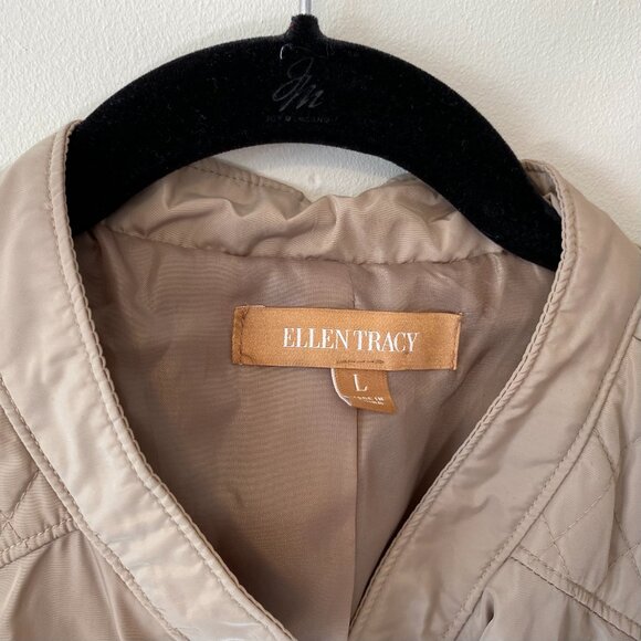 Ellen Tracy Sz Large Cropped Moto Jacket Diagonal Zip Front Quilted Khaki Gold - Picture 4 of 10